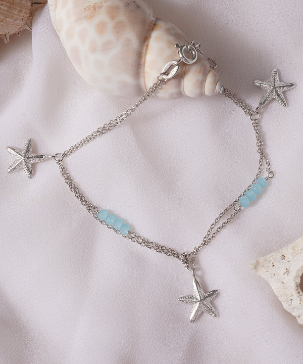 Triple Star and Aqua Bead Layered Anklet