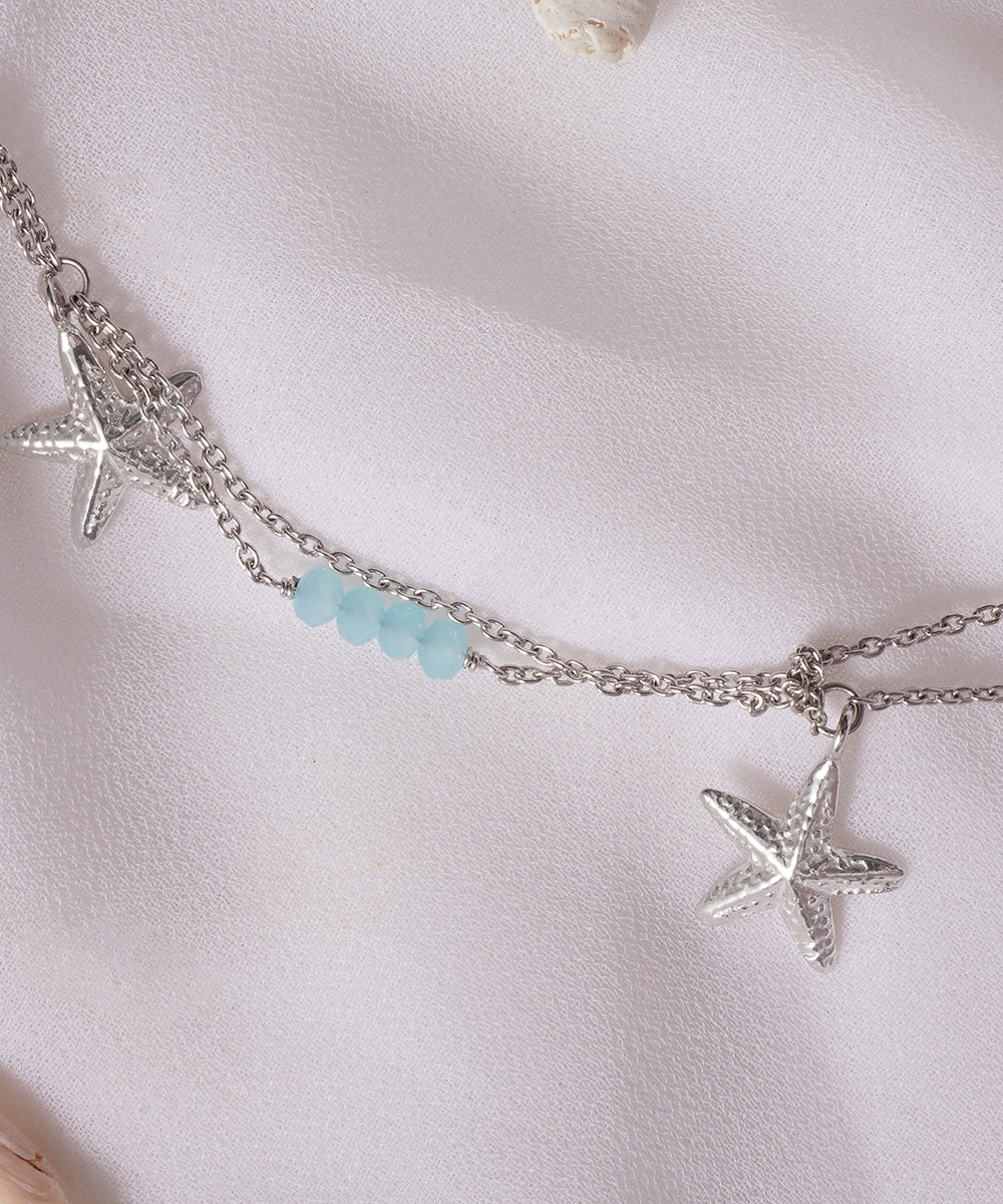 Triple Star and Aqua Bead Layered Anklet