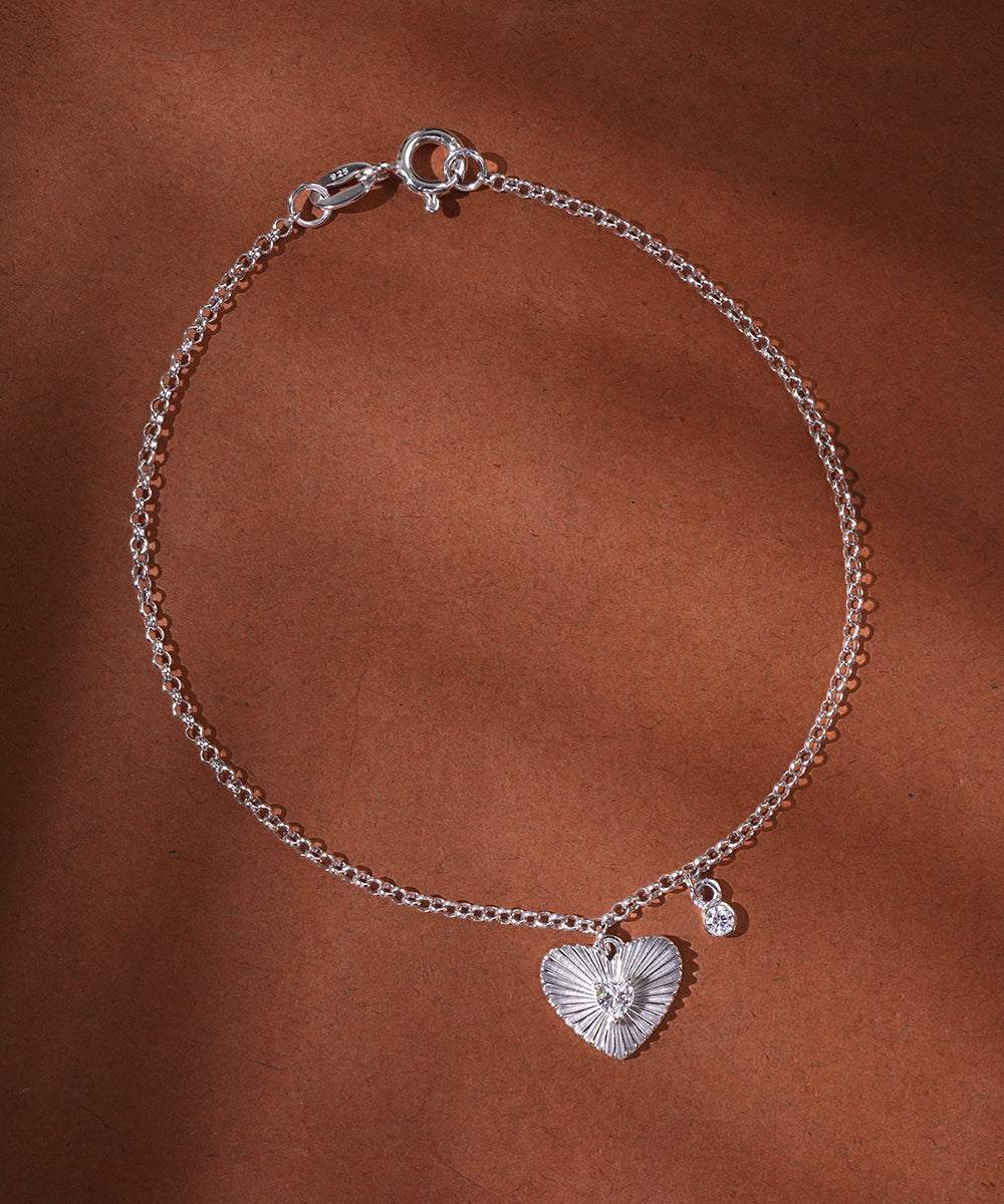 Textured Sunburst Heart and CZ Dangle Bracelet