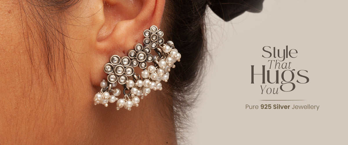 Silver Floral Ear Cuffs with Pearl Clusters| House of Rehya