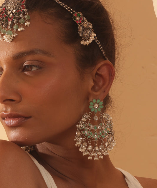 Silver Bohemian Mint Green Kundan Chandbali