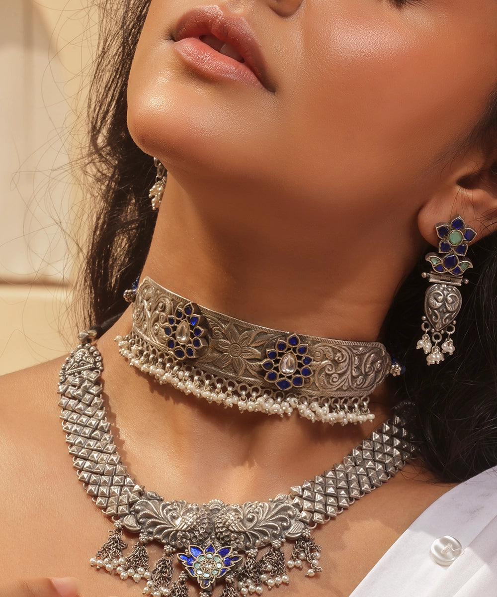 Silver Bohemian Statement Choker with Navy Bead Strands