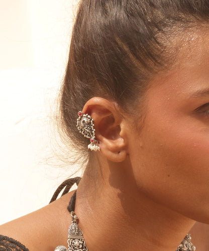 Silver Tribal Style Oxidized  Pearl Drops