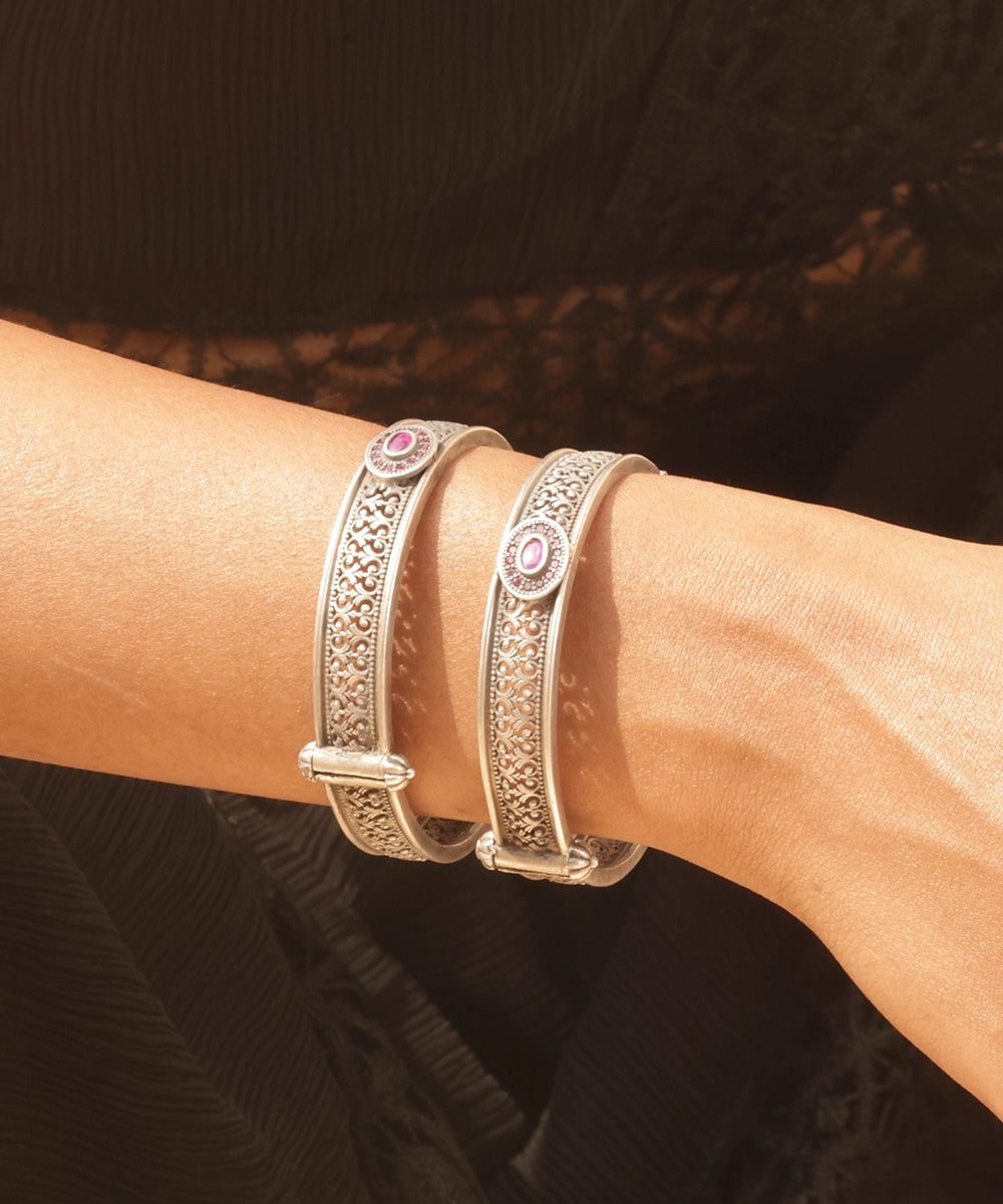 Silver Oxidized  Kada Bangles with Pink Stone