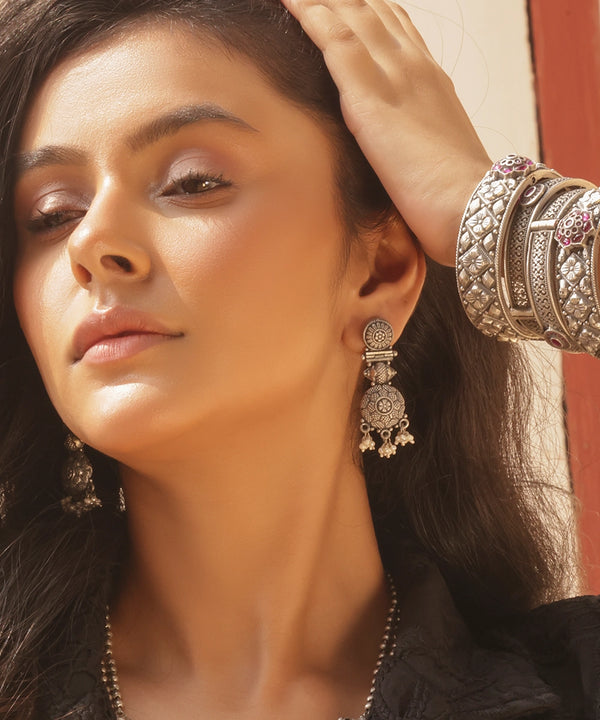 Silver Bohemian Statement Earrings with Pearl Fringe