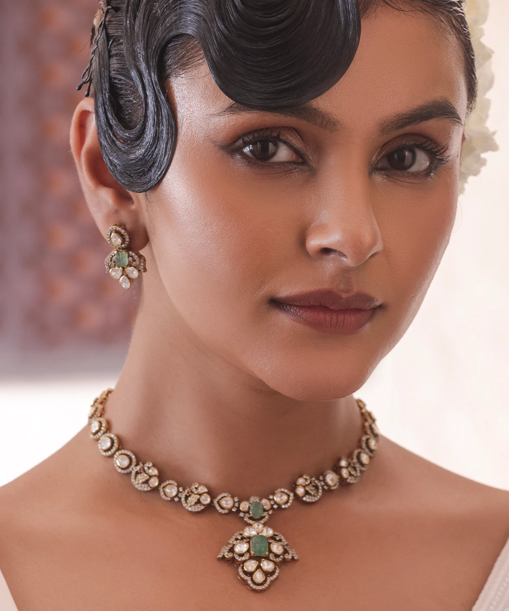 Silver Victorian Moissanite and Emerald Green Necklace