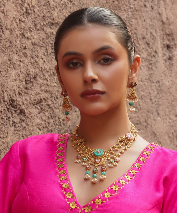 Silver Double Layered Pink/Turquoise Rajwadi Style Necklace