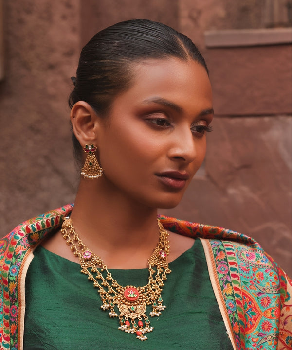 Silver Double Layered Pink/Coral Rajwadi Style Necklace