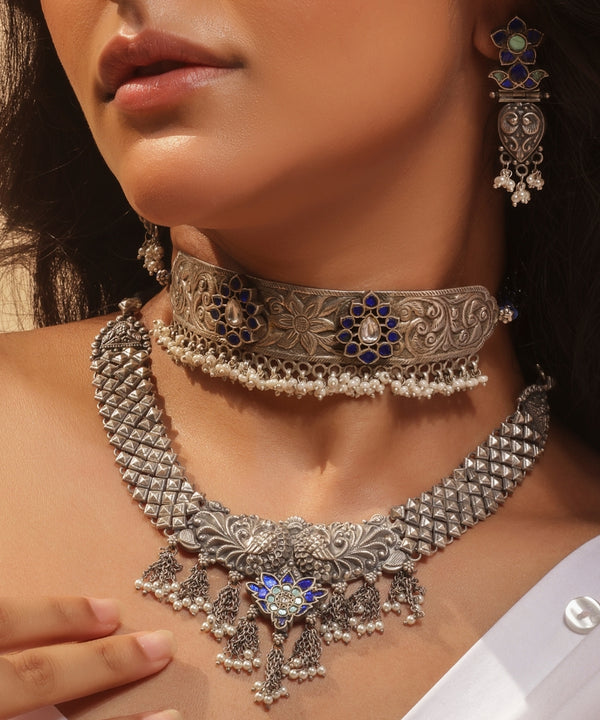 Silver Dancing Peacock And Fringe Necklace