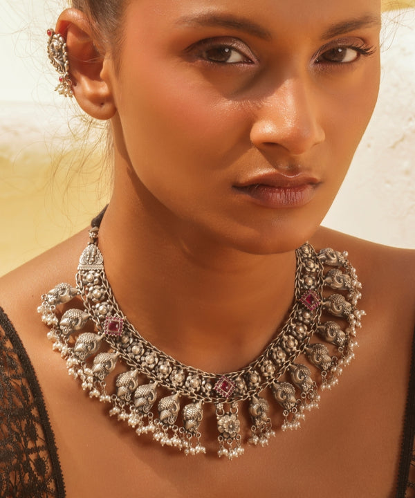 Silver Tribal Style Choker With Pearl Drops