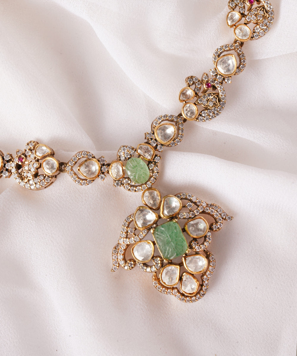 Silver Victorian Moissanite and Emerald Green Necklace