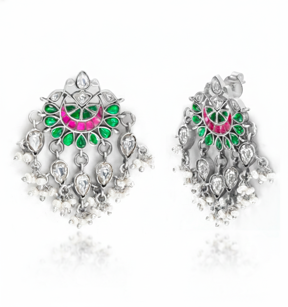 The Gulabi Crescent: Handcrafted Enamel & Pearl Chandbali Earrings