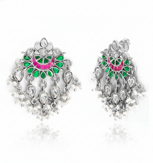 The Gulabi Crescent: Handcrafted Enamel & Pearl Chandbali Earrings