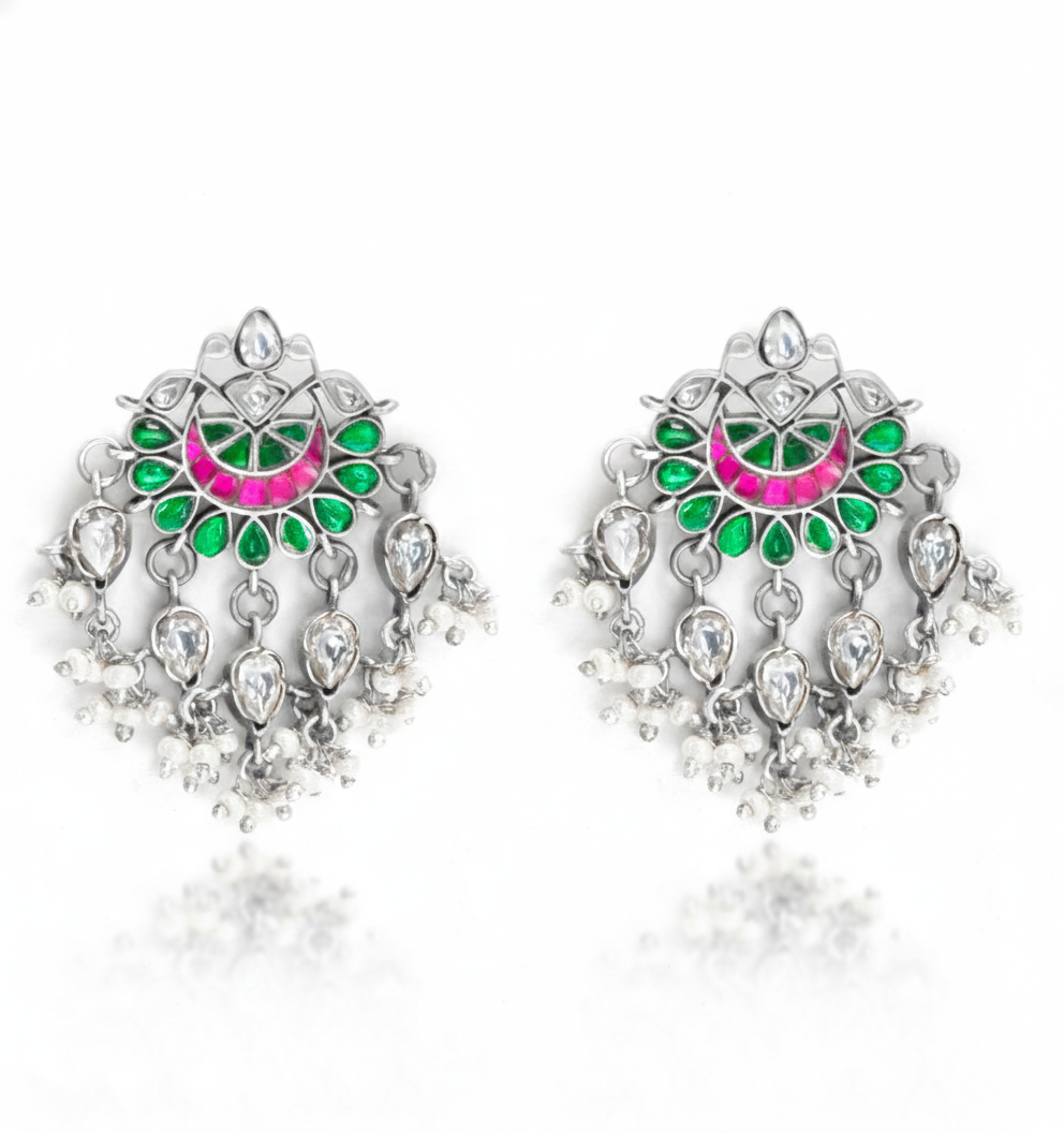 The Gulabi Crescent: Handcrafted Enamel & Pearl Chandbali Earrings
