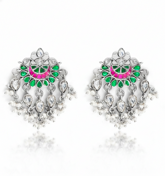 The Gulabi Crescent: Handcrafted Enamel & Pearl Chandbali Earrings