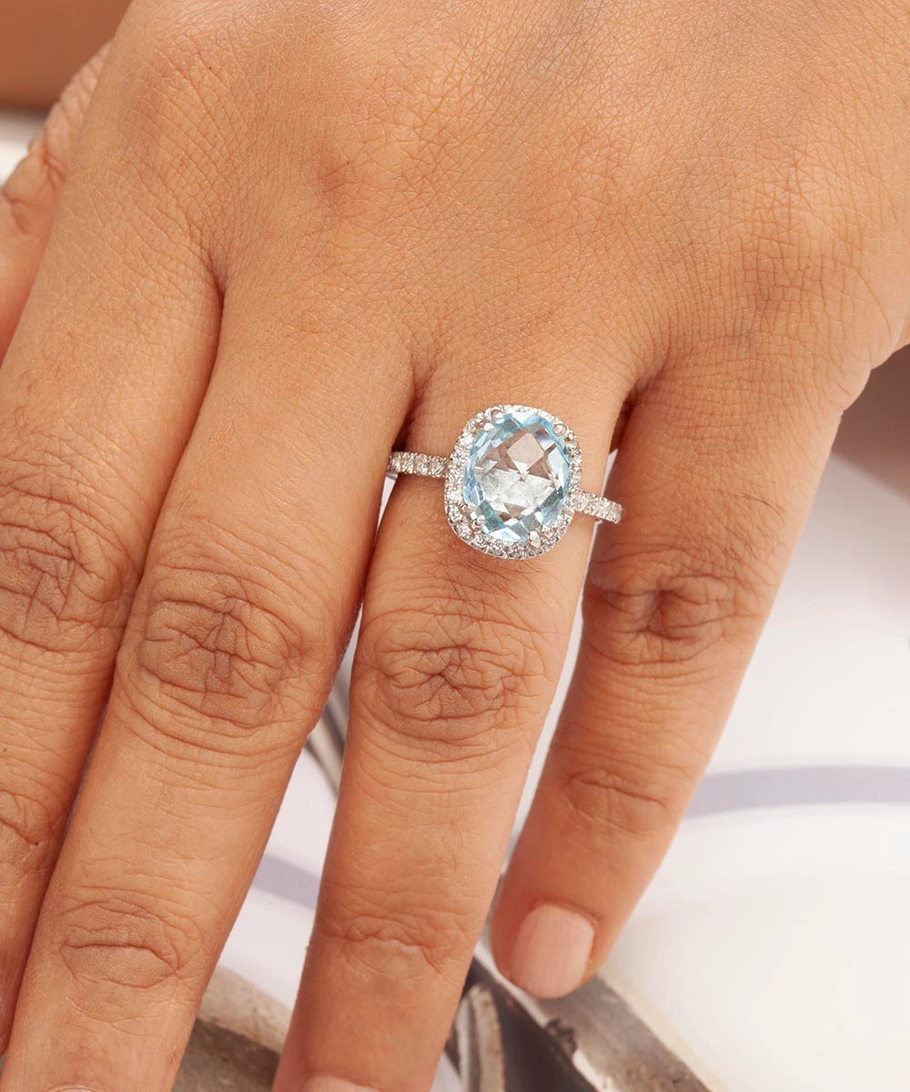 Silver Ocean Mist Blue Cocktail Ring