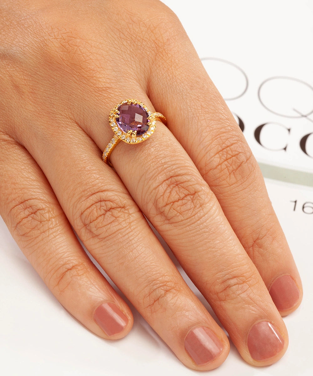 Silver Gold Plated Amethyst Halo Cocktail Ring