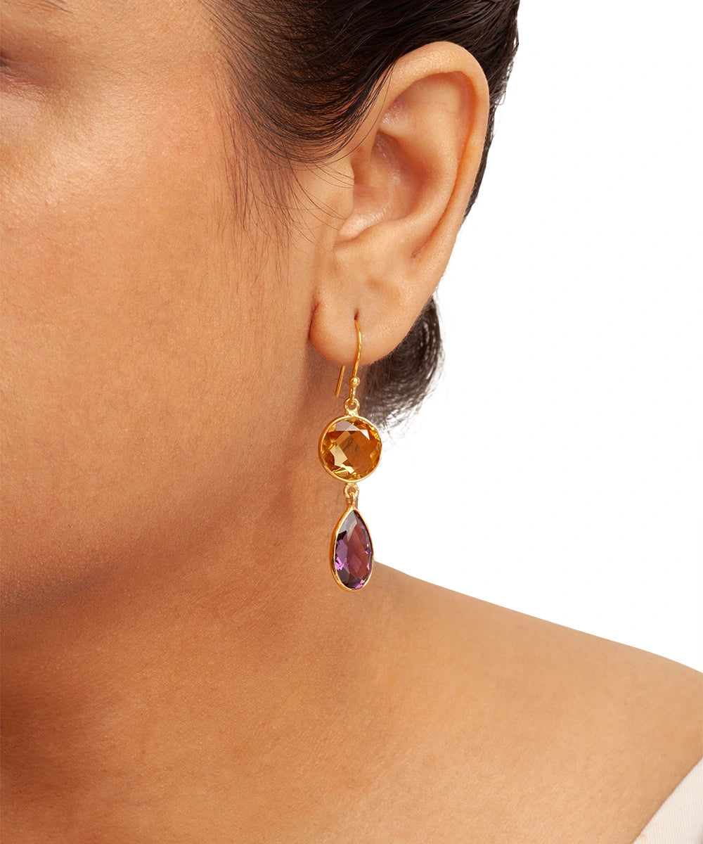 Silver Gold Plated Amethyst and Citrine Drop Earrings