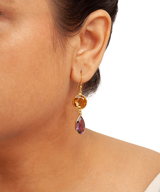 Silver Gold Plated Amethyst and Citrine Drop Earrings