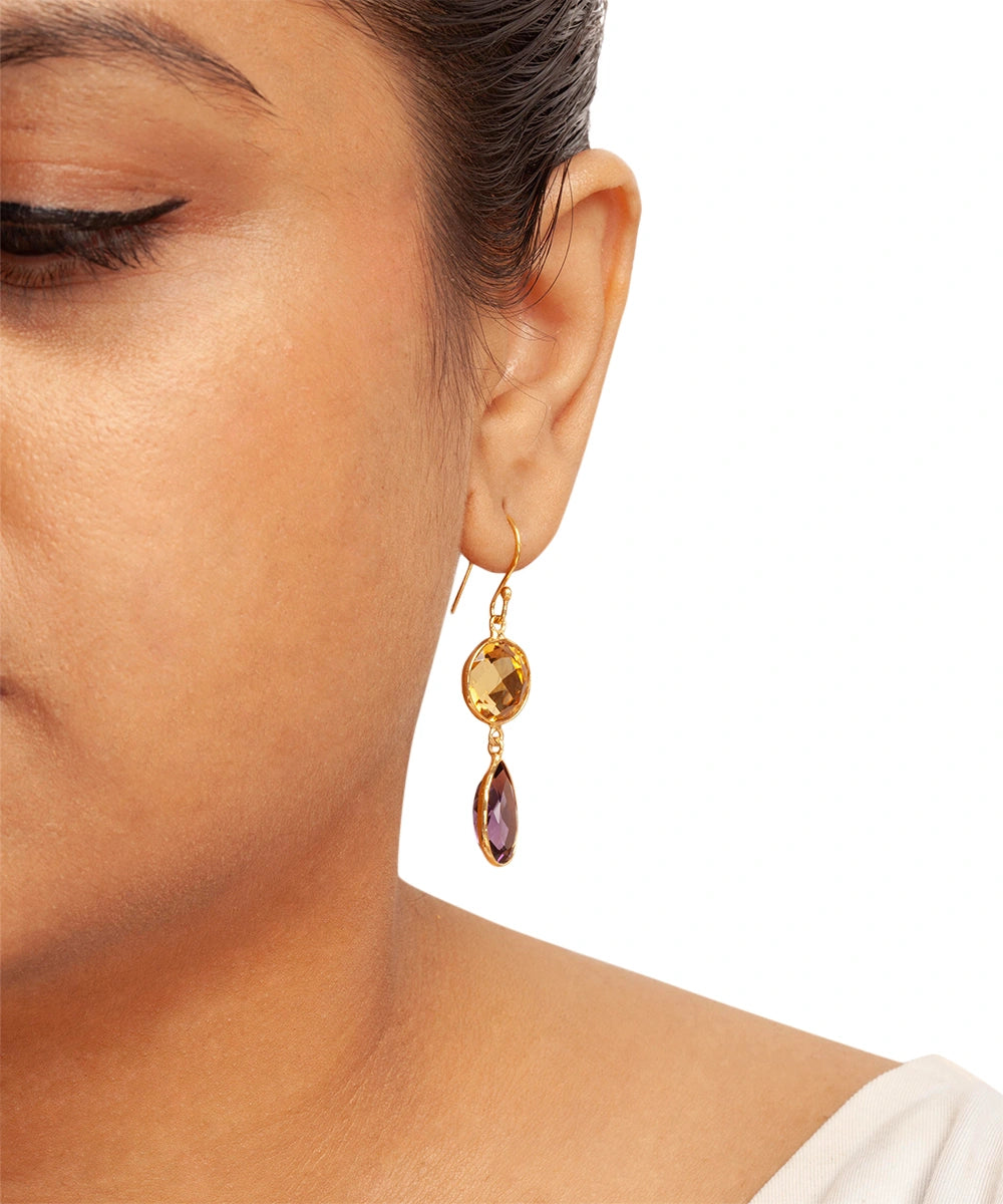 Silver Gold Plated Amethyst and Citrine Drop Earrings
