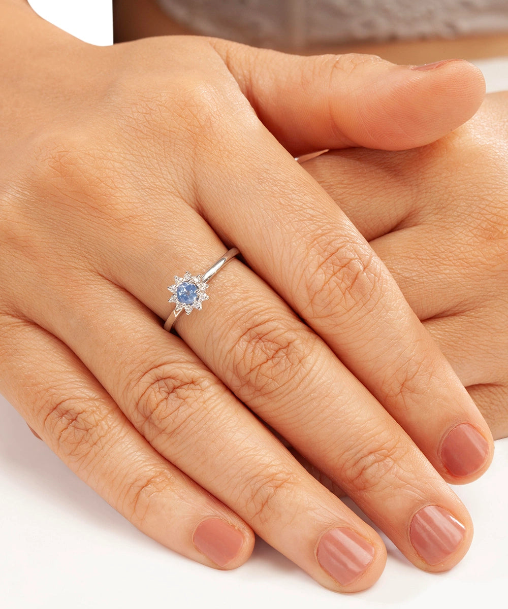 Silver Blue Sapphire Floral Ring