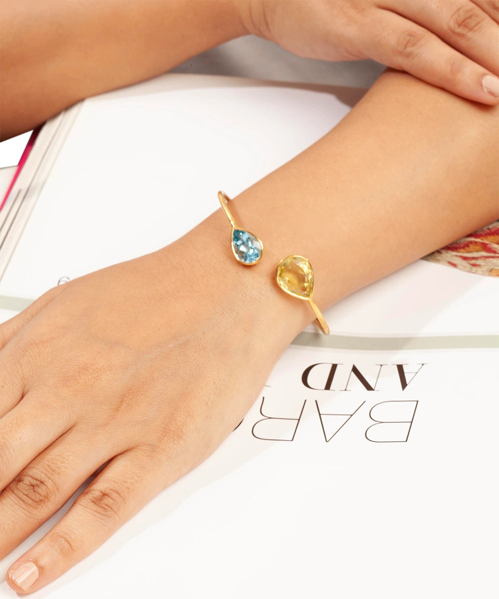 Silver Gold Plated Dual Teardrop Gemstone Cuff Bracelet