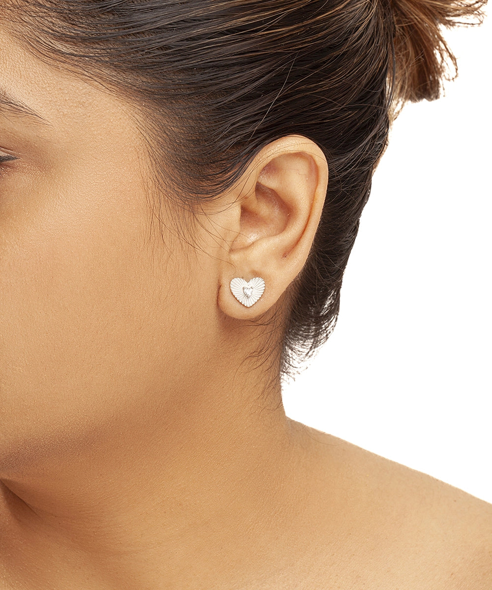 Silver Textured Sunburst Heart Stud Earrings