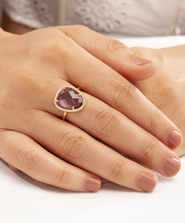 Silver Gold Plated Teardrop Amethyst and CZ Halo Ring