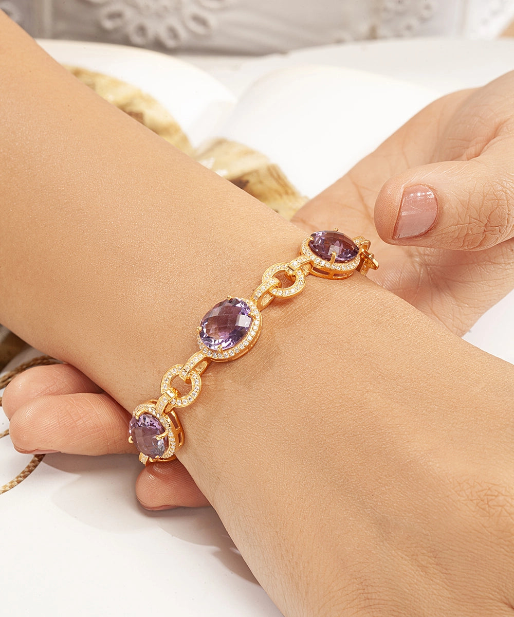 Silver Gold Plated Amethyst Link Bracelet