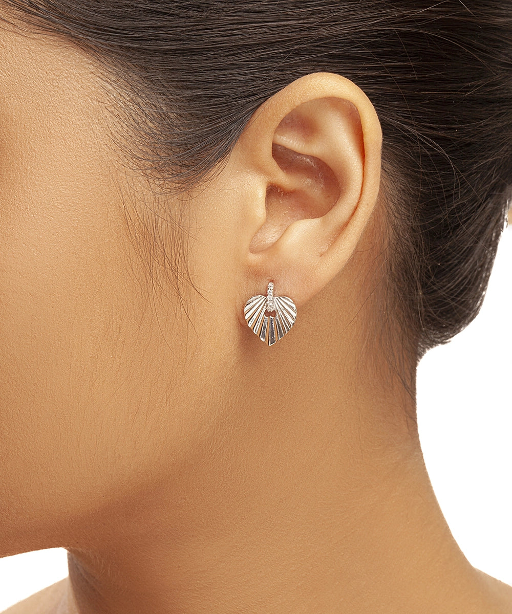 Silver Pave Accent Grooved Heart Studs