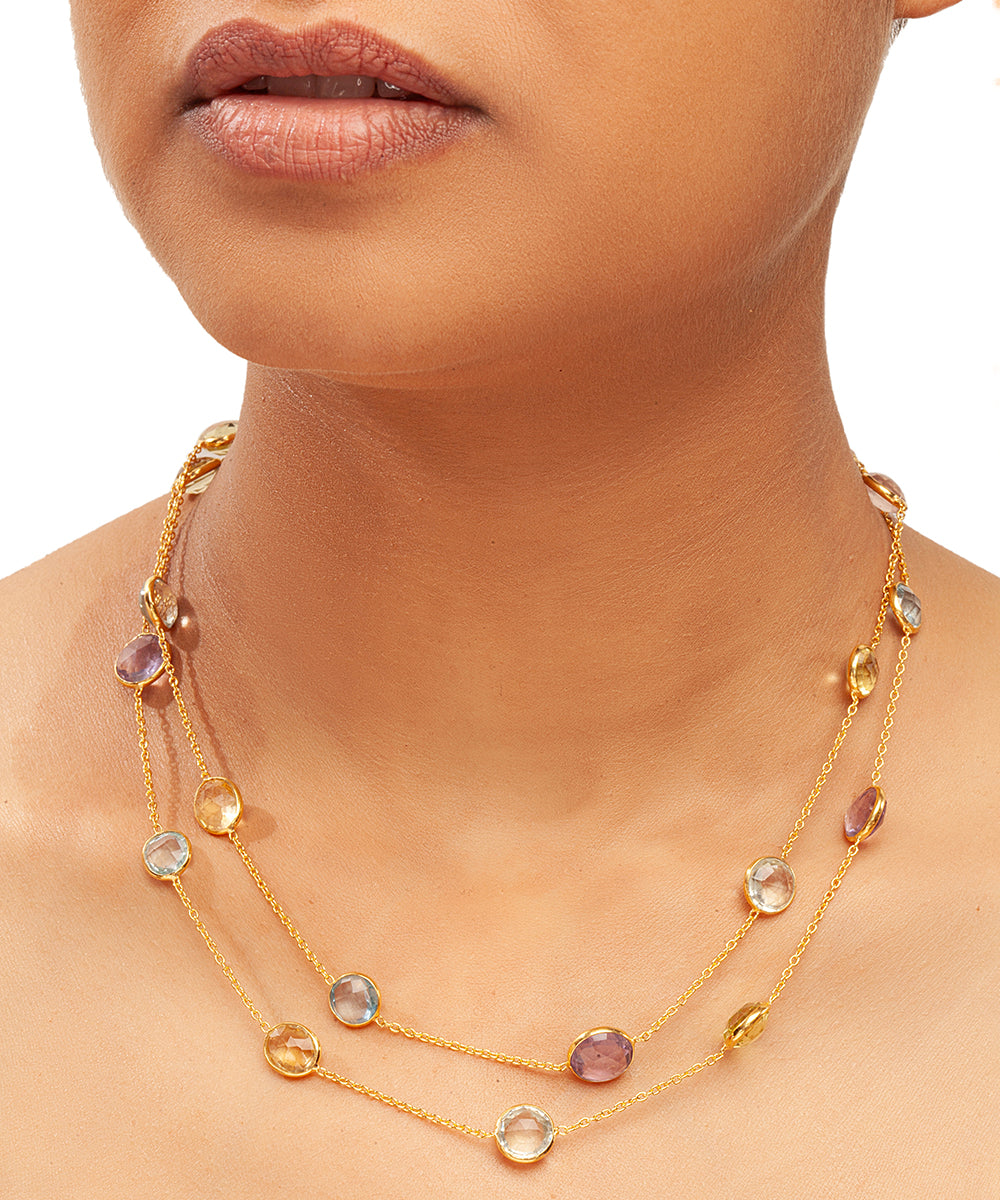 Silver Multicolor Gemstone Station Necklace