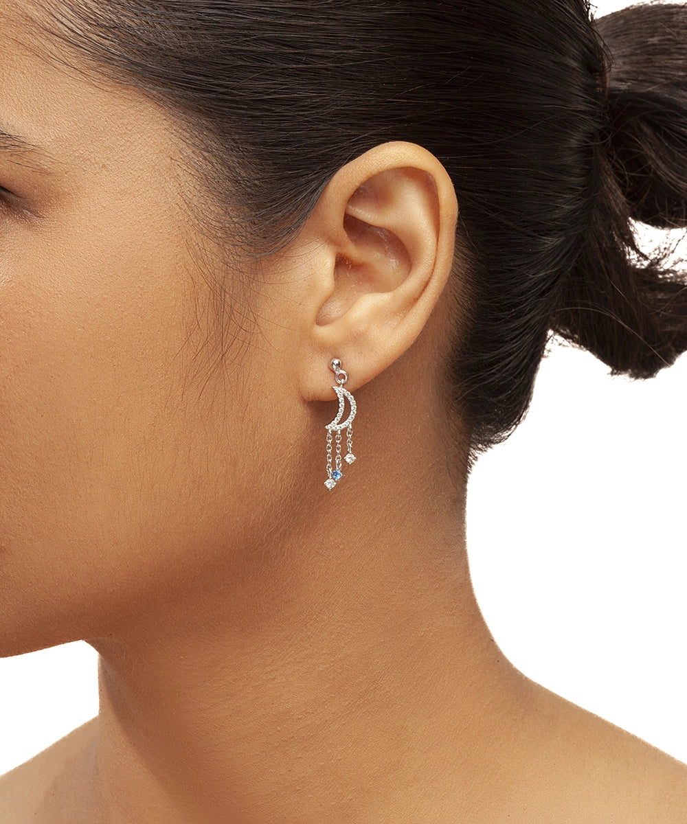 Silver Dainty Moon and Triple Chain Earrings