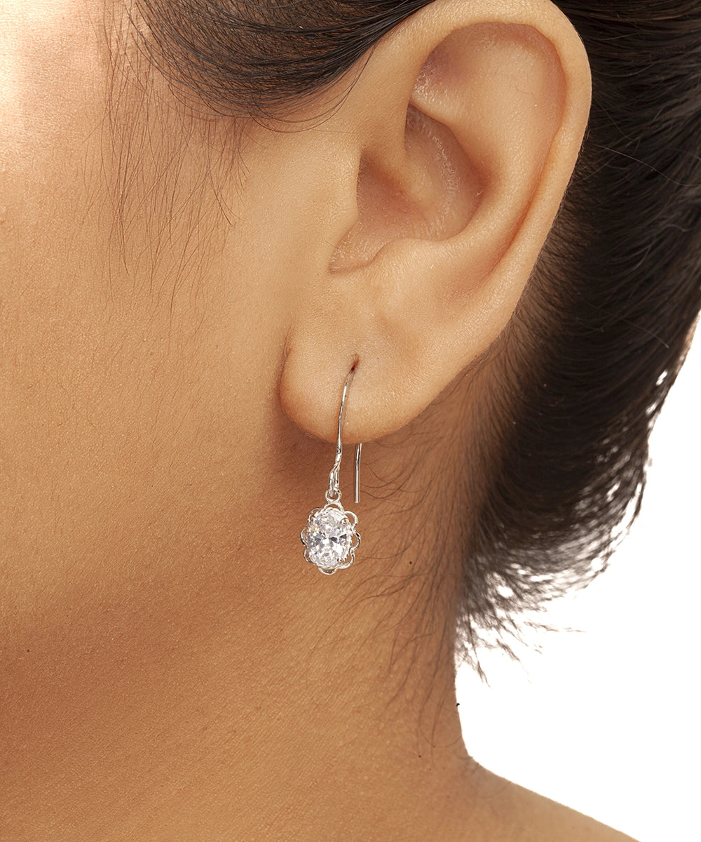 Silver Scalloped Bezel Oval Dangle Earrings