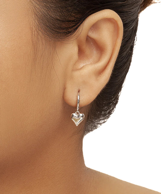 Silver Puffy Heart Dangle Hoop Earrings