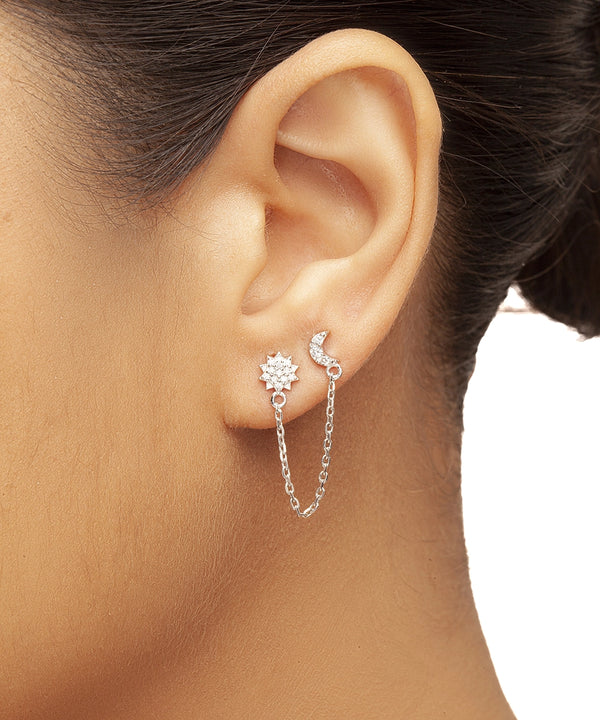 Silver Celestial Double Stud Chain Earrings
