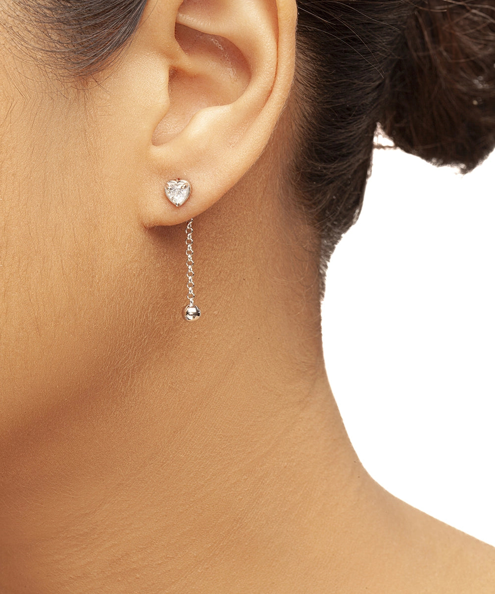 Silver Heart Chain and Ball Dangle Earrings