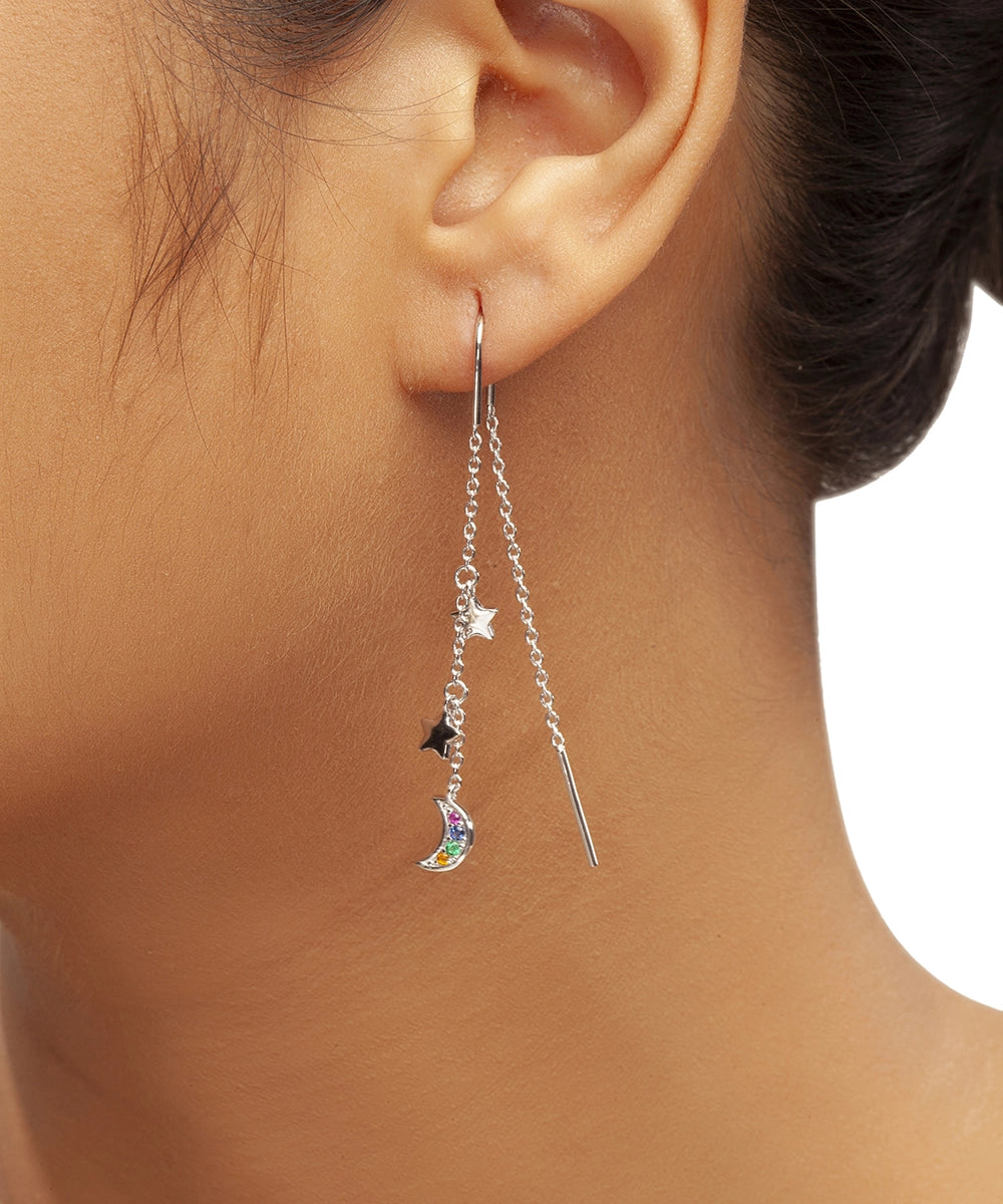 Silver Moon & Star Threader Earrings