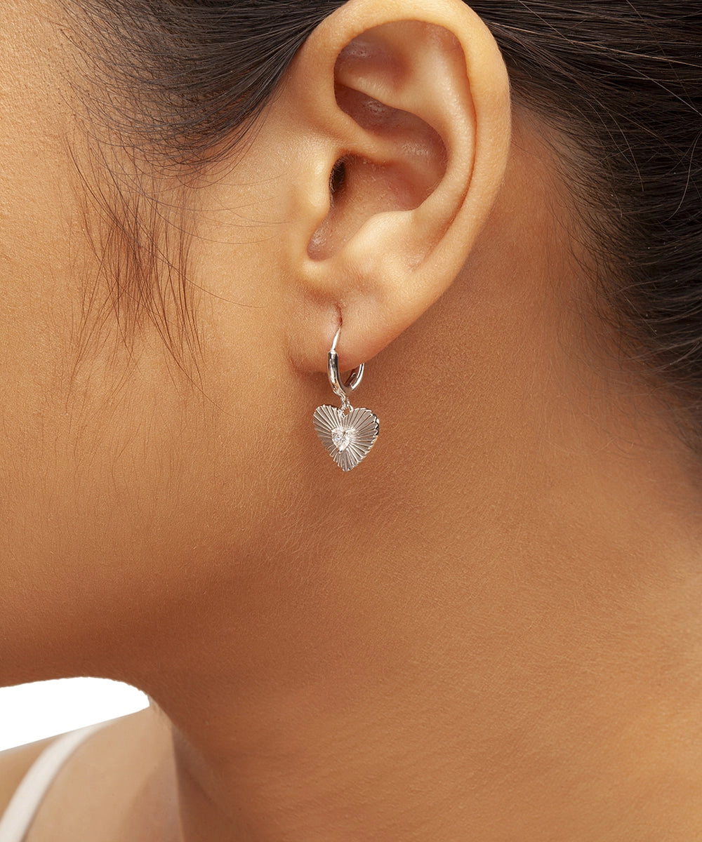 Silver Sunburst Heart Charm Hoop Earrings