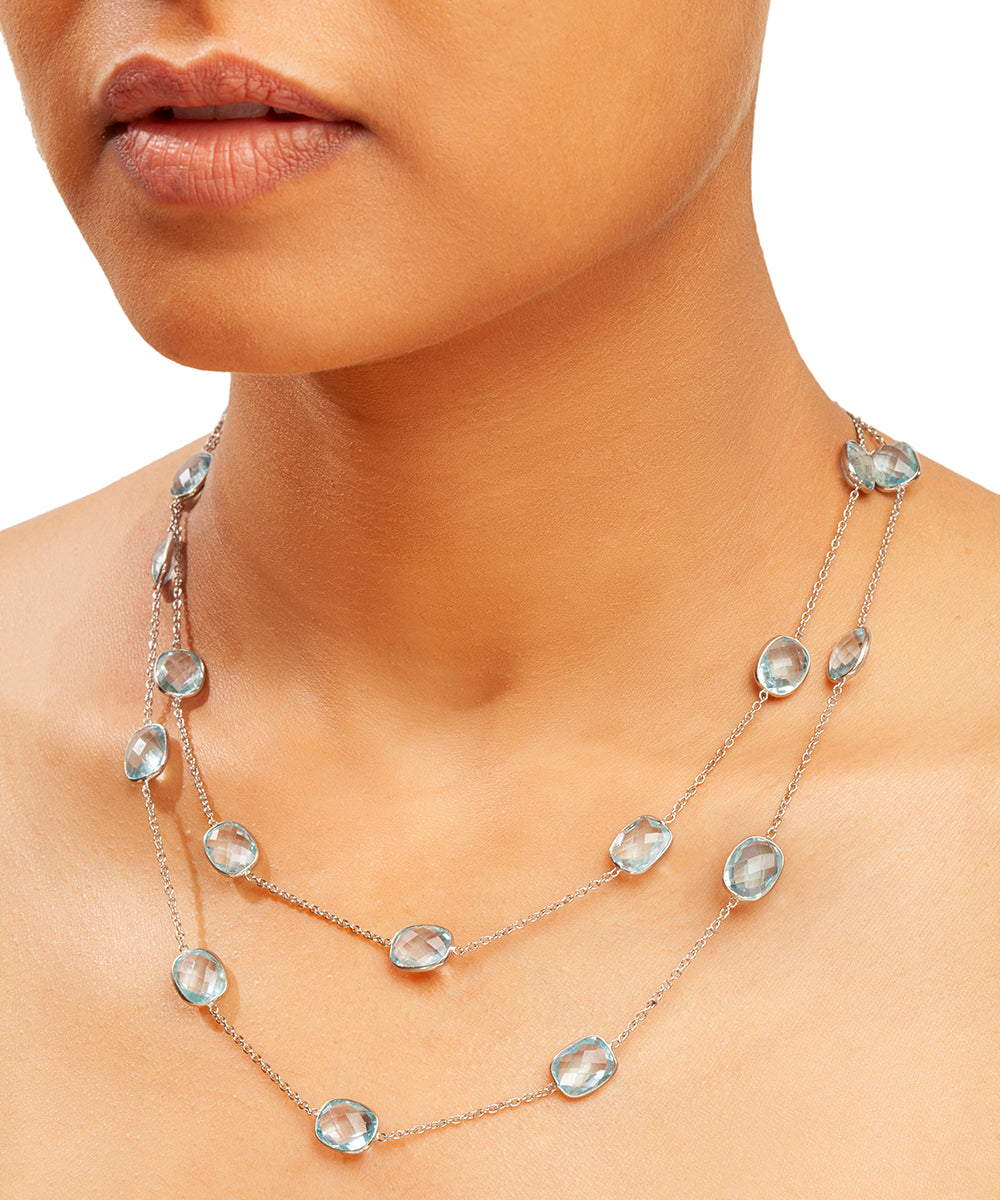 Silver Blue Topaz Oval Station Necklace