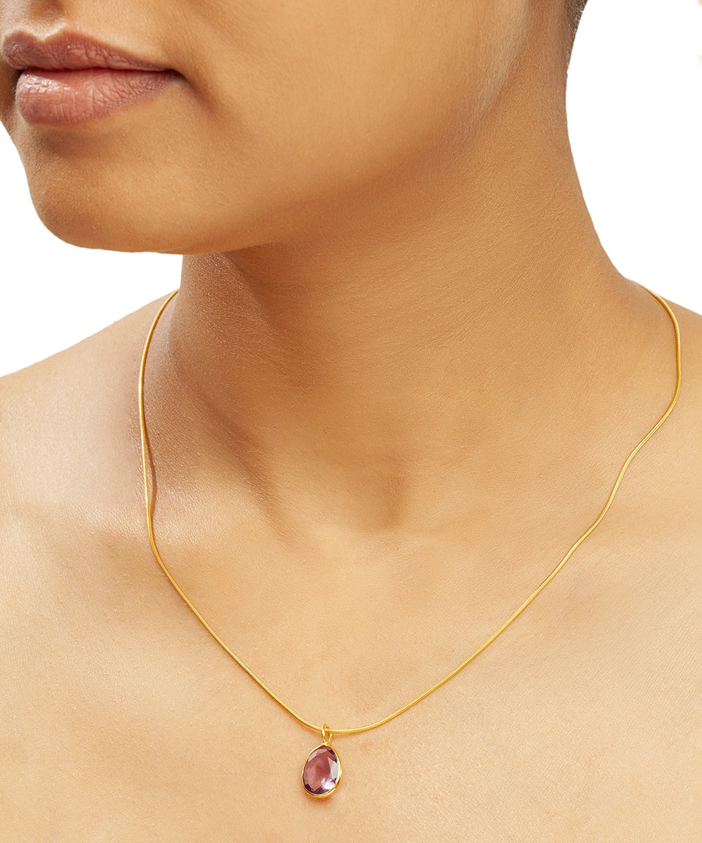 Silver Gold Plated  Amethyst Drop Pendant With Link Chain