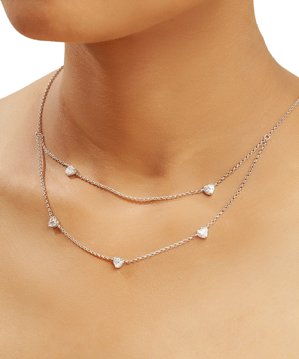 Silver Two-Layer Heart Station Necklace