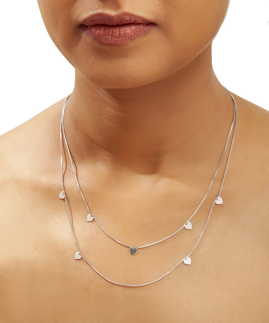 Silver Double Strand Heart Charm Necklace
