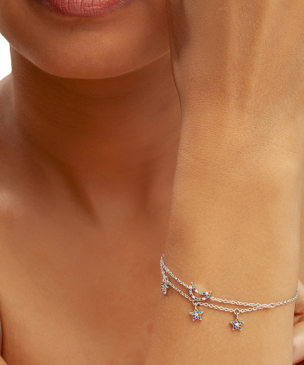 Silver Layered Stars and Crescent Moon Charm Bracelet