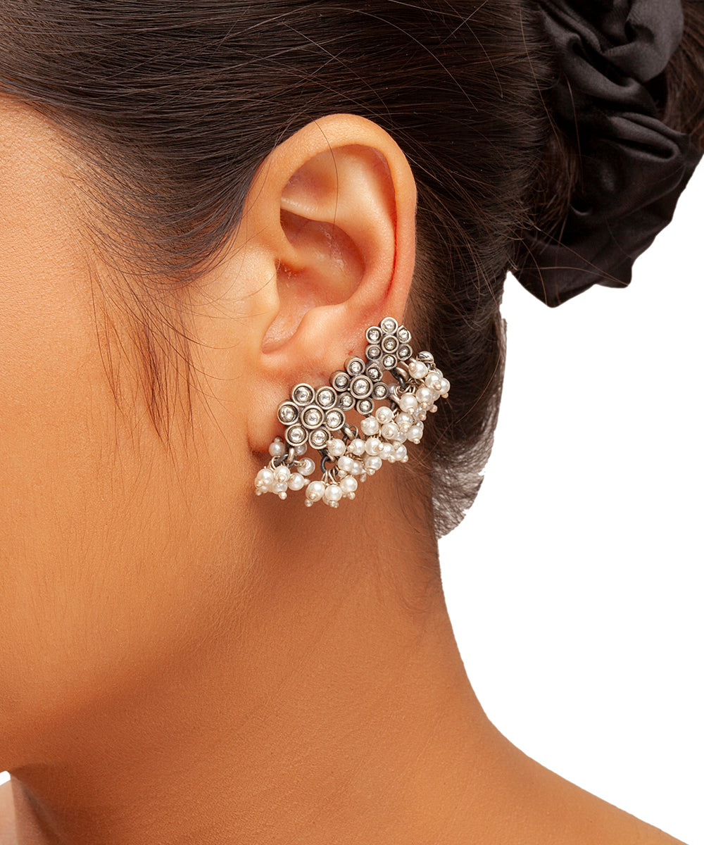 Silver Floral Ear Cuffs with Pearl Clusters
