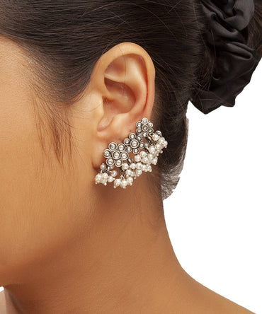Silver Floral Ear Cuffs with Pearl Clusters