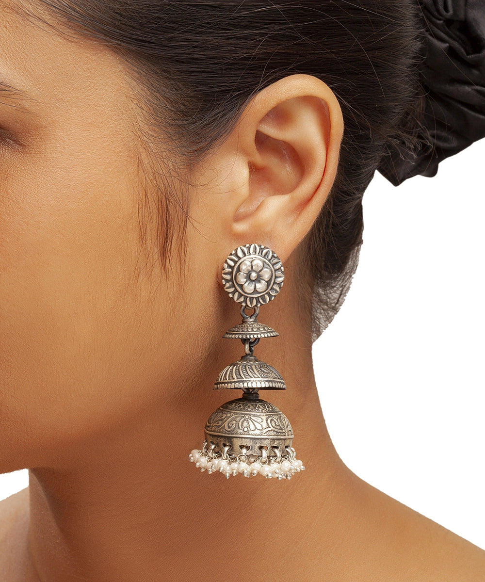 Silver Oxidized Tiered Jhumka Earrings