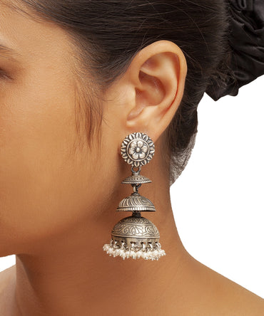 Silver Oxidized Tiered Jhumka Earrings