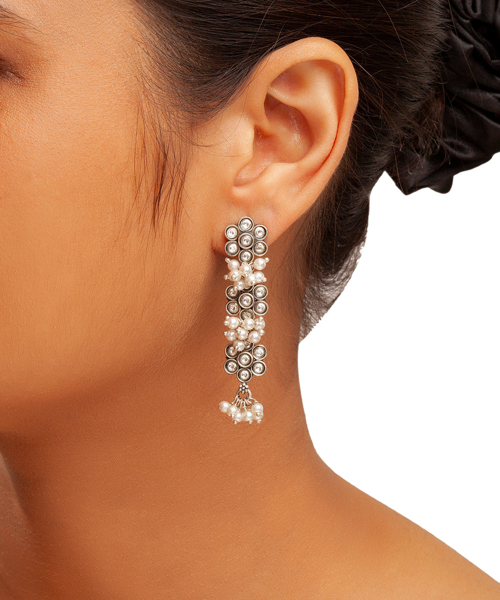 Silver Oxidized Floral Pearl Earrings