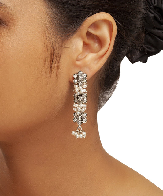 Silver Oxidized Floral Pearl Earrings