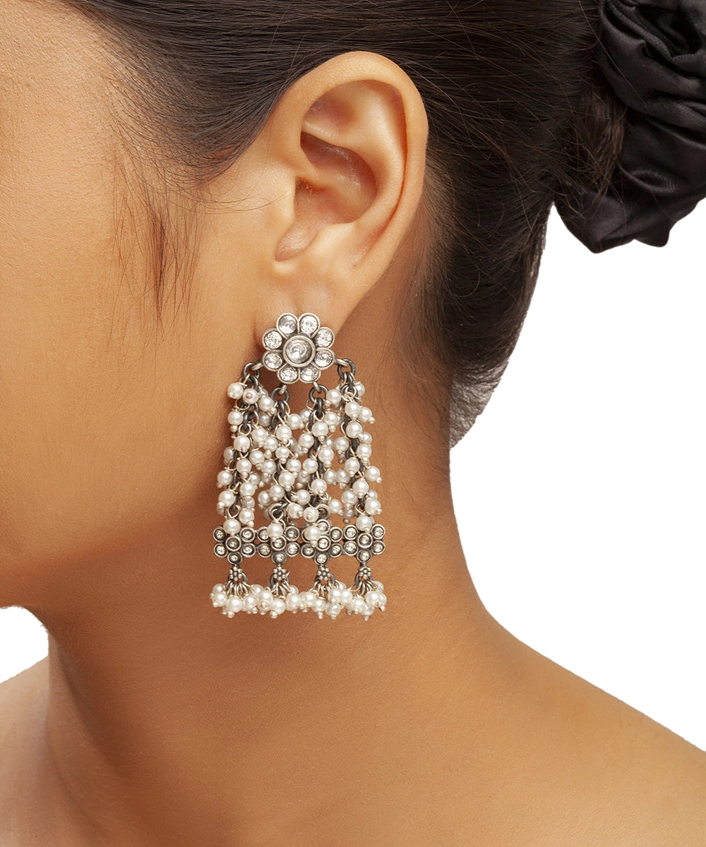 Silver Jhumka with Pearl Clusters